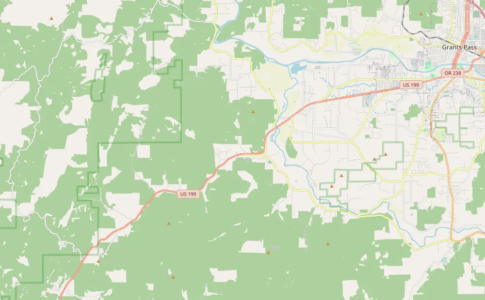 Map showing Grants Pass Baptist Church at 95 Ingalls Ln, west of Grants Pass, Oregon